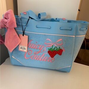 Juicy Couture Light Blue Strawberry Embroidered Tote with Pink Accents